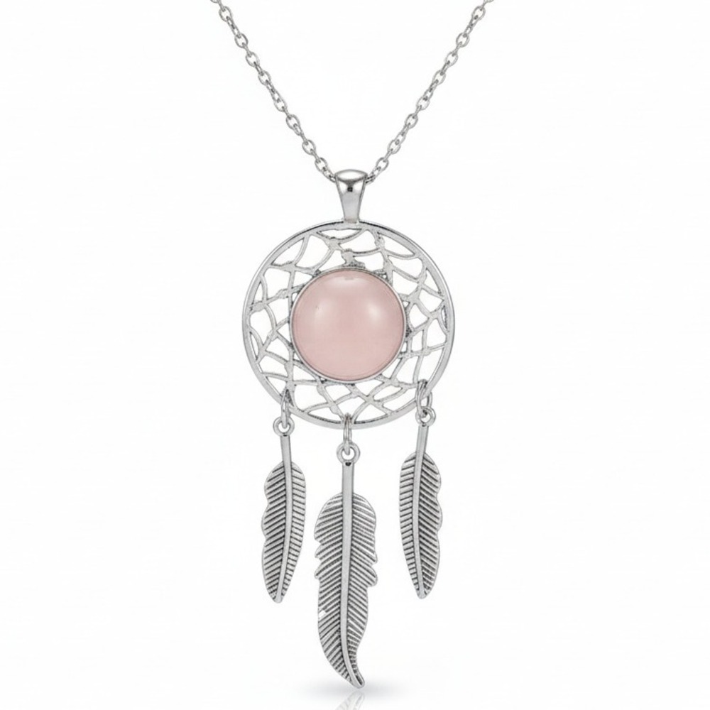 Dreamcatcher Necklace‎ Pink Rose Quartz Pendant Silver Tone Boho Chic Jewelry